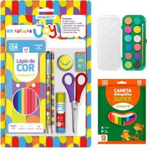 Kit Escolar Com Lápis Apontador Tesoura Caneta Hidrográfica E Aquarela Smille