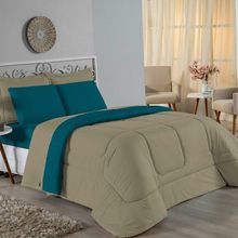 Edredom Solteiro Nobre 1 Peça Dupla Face 1,60m X 2,40m Malha 100% Algodão - Avelã / Petróleo