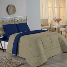 Edredom Casal Nobre 1 Peça Dupla Face 2,00m X 2,20m Malha 100% Algodão - Avelã / Azul-marinho