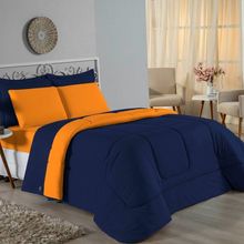 Edredom Casal Nobre 1 Peça Dupla Face 2,00m X 2,20m Malha 100% Algodão - Azul-marinho / Laranja