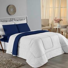 Edredom Casal Nobre 1 Peça Dupla Face 2,00m X 2,20m Malha 100% Algodão - Branco / Azul-marinho