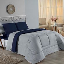 Edredom Solteiro Nobre 1 Peça Dupla Face 1,60m X 2,40m Malha 100% Algodão - Cinza / Azul-marinho