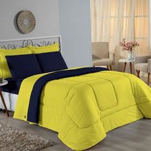 Kit Edredom Dupla Face + Jogo De Lençol Casal Nobre 6 Peças Malha 100% Algodão - Amarelo / Azul-marinho