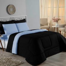 Edredom Casal Nobre 1 Peça Dupla Face 2,00m X 2,20m Malha 100% Algodão - Preto / Azul-bebê