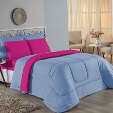 Kit Edredom Dupla Face + Jogo De Lençol Casal Nobre 6 Peças Malha 100% Algodão - Azul-bebê / Pink