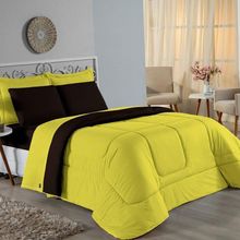 Kit Edredom Dupla Face + Jogo De Lençol Casal Nobre 6 Peças Malha 100% Algodão - Amarelo / Preto
