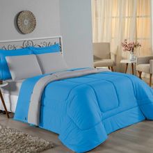 Edredom Solteiro Nobre 1 Peça Dupla Face 1,60m X 2,40m Malha 100% Algodão - Turquesa / Cinza