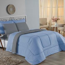 Kit Edredom Dupla Face + Jogo De Lençol Casal Nobre 6 Peças Malha 100% Algodão - Azul-bebê / Cinza