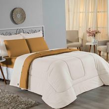 Kit Edredom Dupla Face + Jogo De Lençol Casal Nobre 6 Peças Malha 100% Algodão - Palha / Cobre