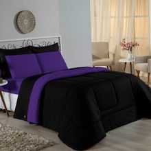 Edredom Solteiro Nobre 1 Peça Dupla Face 1,60m X 2,40m Malha 100% Algodão - Preto / Roxo