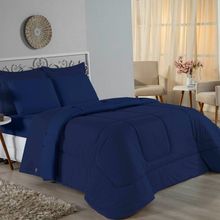 Kit Edredom Dupla Face + Jogo De Lençol Casal Nobre 6 Peças Malha 100% Algodão - Azul-marinho