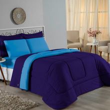 Kit Edredom Dupla Face + Jogo De Lençol Casal Nobre 6 Peças Malha 100% Algodão - Roxo / Turquesa