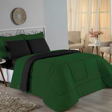Kit Edredom Dupla Face + Jogo De Lençol Casal Nobre 6 Peças Malha 100% Algodão - Verde-bandeira / Preto