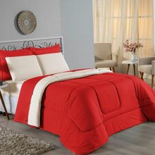 Kit Edredom Dupla Face + Jogo De Lençol Casal Nobre 6 Peças Malha 100% Algodão - Vermelho / Palha