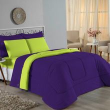 Kit Edredom Dupla Face + Jogo De Lençol Casal Nobre 6 Peças Malha 100% Algodão - Roxo / Pistache