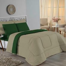 Kit Edredom Dupla Face + Jogo De Lençol Casal Nobre 6 Peças Malha 100% Algodão - Avelã / Verde-bandeira