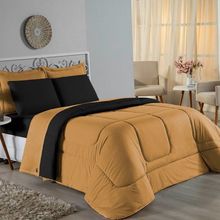 Kit Edredom Dupla Face + Jogo De Lençol Casal Nobre 6 Peças Malha 100% Algodão - Cobre / Preto