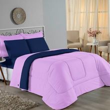 Kit Edredom Dupla Face + Jogo De Lençol Casal Nobre 6 Peças Malha 100% Algodão - Lilás / Azul-marinho