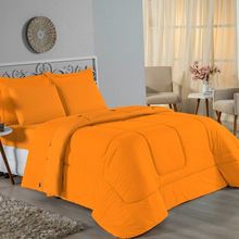 Kit Edredom Dupla Face + Jogo De Lençol Casal Nobre 6 Peças Malha 100% Algodão - Laranja