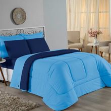 Kit Edredom Dupla Face + Jogo De Lençol Casal Nobre 6 Peças Malha 100% Algodão - Turquesa / Azul-marinho