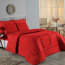 Kit Edredom Dupla Face + Jogo De Lençol Casal Nobre 6 Peças Malha 100% Algodão - Vermelho