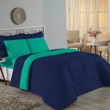 Edredom Queen Nobre 1 Peça Dupla Face 2,20m X 2,40m Malha 100% Algodão - Azul-marinho / Jade