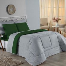 Edredom Queen Nobre 1 Peça Dupla Face 2,20m X 2,40m Malha 100% Algodão - Cinza / Verde-bandeira