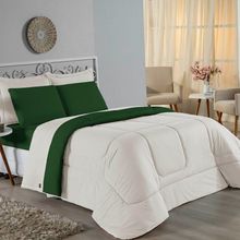 Kit Edredom Dupla Face + Jogo De Lençol Casal Nobre 6 Peças Malha 100% Algodão - Palha / Verde-bandeira