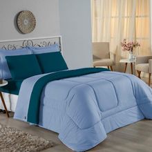 Edredom Queen Nobre 1 Peça Dupla Face 2,20m X 2,40m Malha 100% Algodão - Azul-bebê / Petróleo