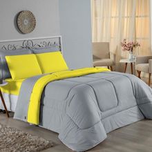 Kit Edredom Dupla Face + Jogo De Lençol Casal Nobre 6 Peças Malha 100% Algodão - Cinza / Amarelo