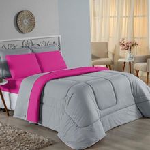 Edredom Queen Nobre 1 Peça Dupla Face 2,20m X 2,40m Malha 100% Algodão - Cinza / Pink