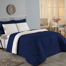 Kit Edredom Dupla Face + Jogo De Lençol Casal Nobre 7 Peças Malha 100% Algodão - Azul-marinho / Palha