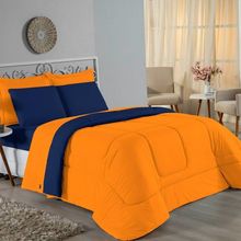 Edredom Queen Nobre 1 Peça Dupla Face 2,20m X 2,40m Malha 100% Algodão - Laranja / Azul-marinho