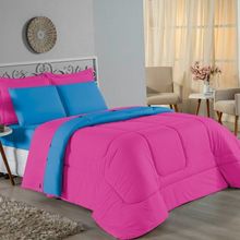 Kit Edredom Dupla Face + Jogo De Lençol Casal Nobre 7 Peças Malha 100% Algodão - Pink / Turquesa