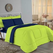 Kit Edredom Dupla Face + Jogo De Lençol Casal Nobre 7 Peças Malha 100% Algodão - Pistache / Azul-marinho