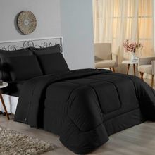 Kit Edredom Dupla Face + Jogo De Lençol Casal Nobre 7 Peças Malha 100% Algodão - Preto