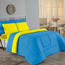 Kit Edredom Dupla Face + Jogo De Lençol Casal Nobre 7 Peças Malha 100% Algodão - Turquesa / Amarelo