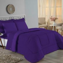 Kit Edredom Dupla Face + Jogo De Lençol Casal Nobre 7 Peças Malha 100% Algodão - Roxo