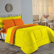 Kit Edredom Dupla Face + Jogo De Lençol Casal Viúva Nobre 6 Peças Malha 100% Algodão - Amarelo / Laranja