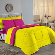 Kit Edredom Dupla Face + Jogo De Lençol Casal Nobre 7 Peças Malha 100% Algodão - Amarelo / Pink