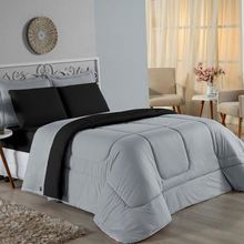 Kit Edredom Dupla Face + Jogo De Lençol Casal Nobre 7 Peças Malha 100% Algodão - Cinza / Preto