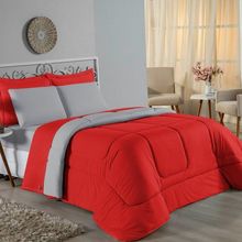 Kit Edredom Dupla Face + Jogo De Lençol Casal Nobre 7 Peças Malha 100% Algodão - Vermelho / Cinza