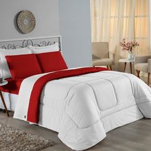 Kit Edredom Dupla Face + Jogo De Lençol Casal Nobre 7 Peças Malha 100% Algodão - Branco / Vermelho