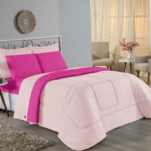 Kit Edredom Dupla Face + Jogo De Lençol Casal Nobre 7 Peças Malha 100% Algodão - Rosa / Pink