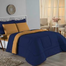 Kit Edredom Dupla Face + Jogo De Lençol Casal Viúva Nobre 6 Peças Malha 100% Algodão - Azul-marinho / Cobre