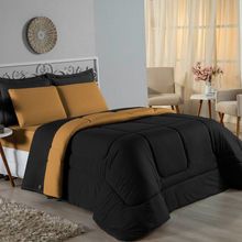 Kit Edredom Dupla Face + Jogo De Lençol Casal Viúva Nobre 6 Peças Malha 100% Algodão - Preto / Cobre