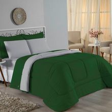 Kit Edredom Dupla Face + Jogo De Lençol Casal Viúva Nobre 6 Peças Malha 100% Algodão - Verde-bandeira / Cinza