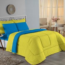 Kit Edredom Dupla Face + Jogo De Lençol Casal Viúva Nobre 7 Peças Malha 100% Algodão - Amarelo / Turquesa