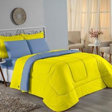 Kit Edredom Dupla Face + Jogo De Lençol Casal Viúva Nobre 7 Peças Malha 100% Algodão - Amarelo / Azul-bebê