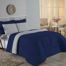 Kit Edredom Dupla Face + Jogo De Lençol Casal Viúva Nobre 7 Peças Malha 100% Algodão - Azul-marinho / Cinza